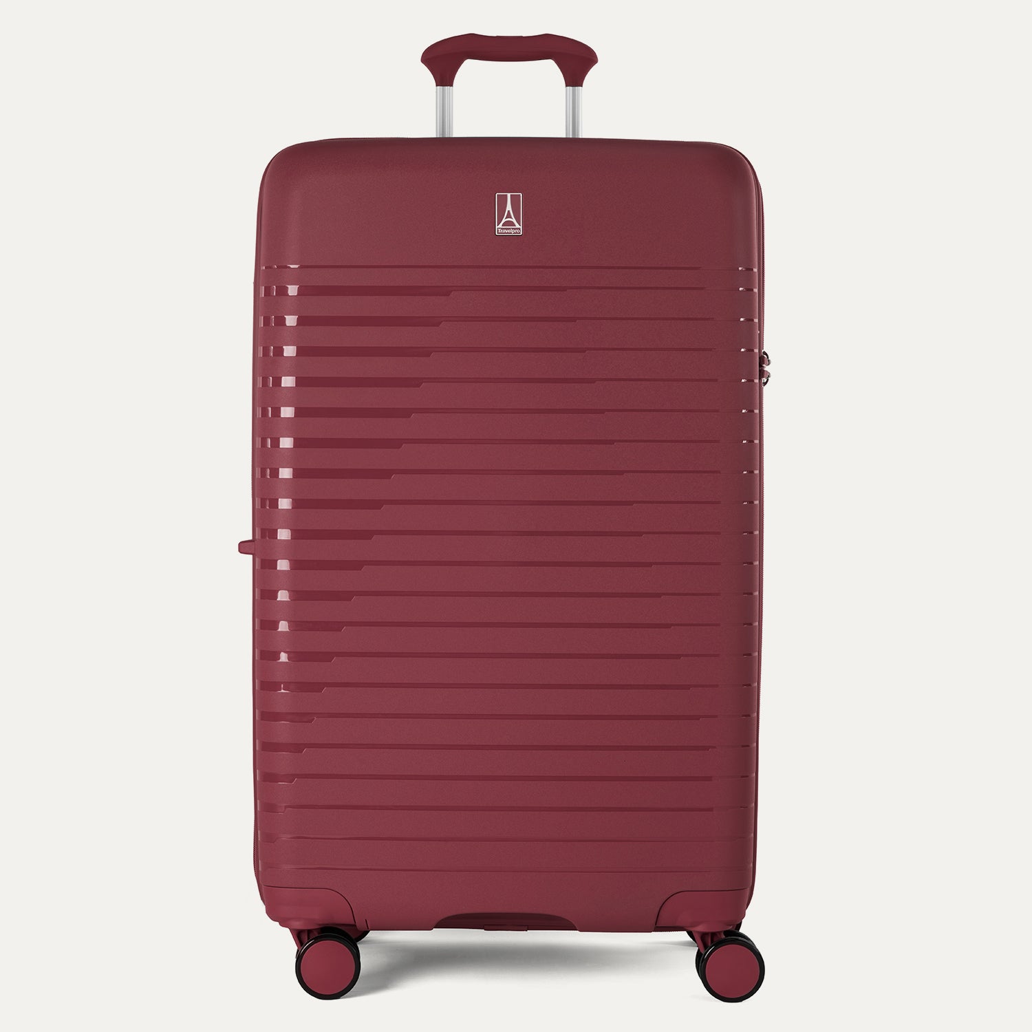 Red suitcase with a visible brand logo on a white background