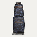 Front view of the Travelpro Platinum Elite Slim Backpack stacked on matching Carry-On Spinner in camouflage, featuring rear stacking strap.
