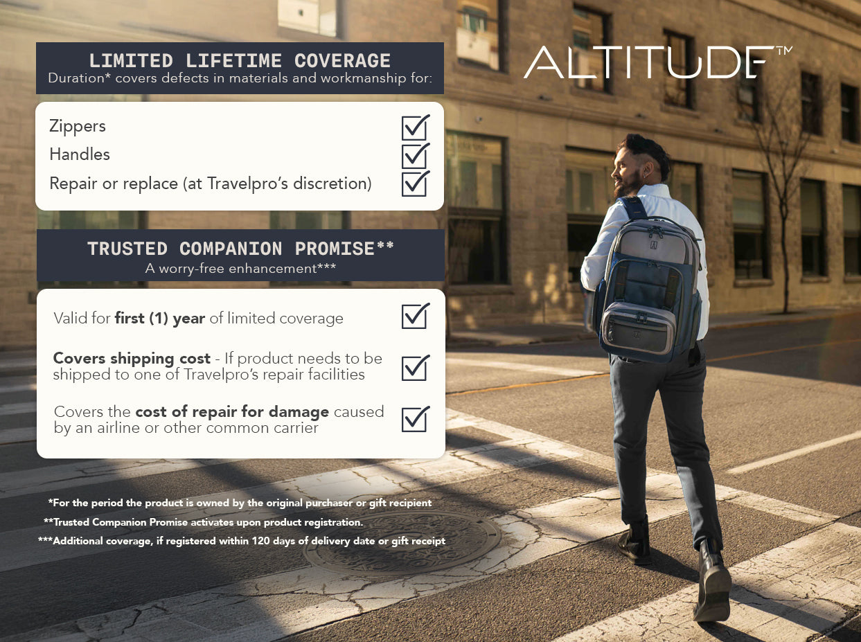 Limited Lifetime Coverage: Wheels, Zippers, Extension Handle, Carrying Handles, with repair or replacement at Travelpro's discretion. Trusted Companion Promise: Valid for the period the product is owned by original purchaser or gift recipient. Covers shipping cost if product needs to be shipped to Travelpro's repair facilities. Covers the cost of repair for damage caused by an airline or other common carrier. Additional coverage available if registered within 120 days of delivery date or gift receipt.