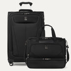 Black suitcase and weekender bag with visible brand logo on a white background