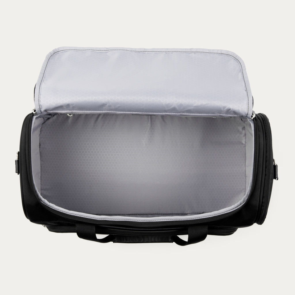 Open black weekender with gray interior on a white background