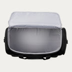 Open black weekender with gray interior on a white background