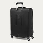 Black suitcase with wheels and handle on a white background