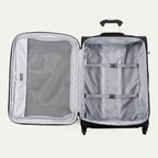 Open black suitcase with interior compartments on a white background