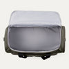 Open green weekender with gray interior on a white background