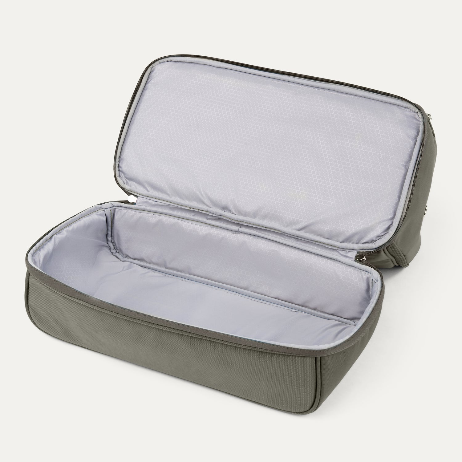 Open drop-bottom weekender on a white background