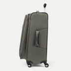 Side view of green suitcase with visible 'Travelpro' branding on a white background
