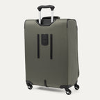 Green suitcase with black handle and wheels on a white background