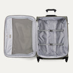 Open suitcase with interior compartments on a white background