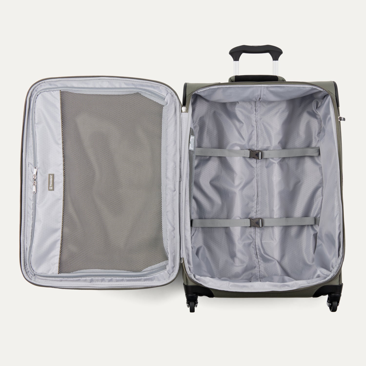 Open suitcase with interior compartments on a white background