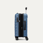 side view of the ensign blue travelpro maxlite air v2 carry-on showing the integrated tsa lock, side carry handle, and expansion zipper.