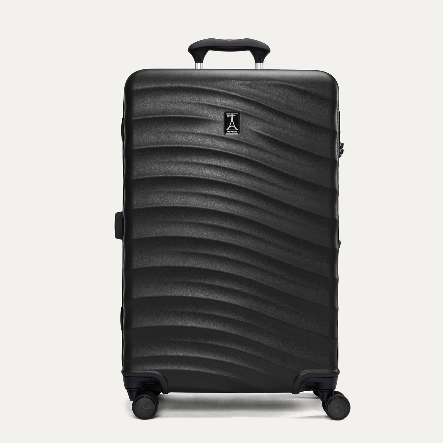 Front view of Travelpro Maxlite Air V2 Hardside Spinner in Black, featuring textured shell and 360° Spinner Wheels.