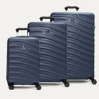 A set of three blue Maxlite Air V2 hardside spinner suitcases, including carry-on, medium, and large sizes on a white background