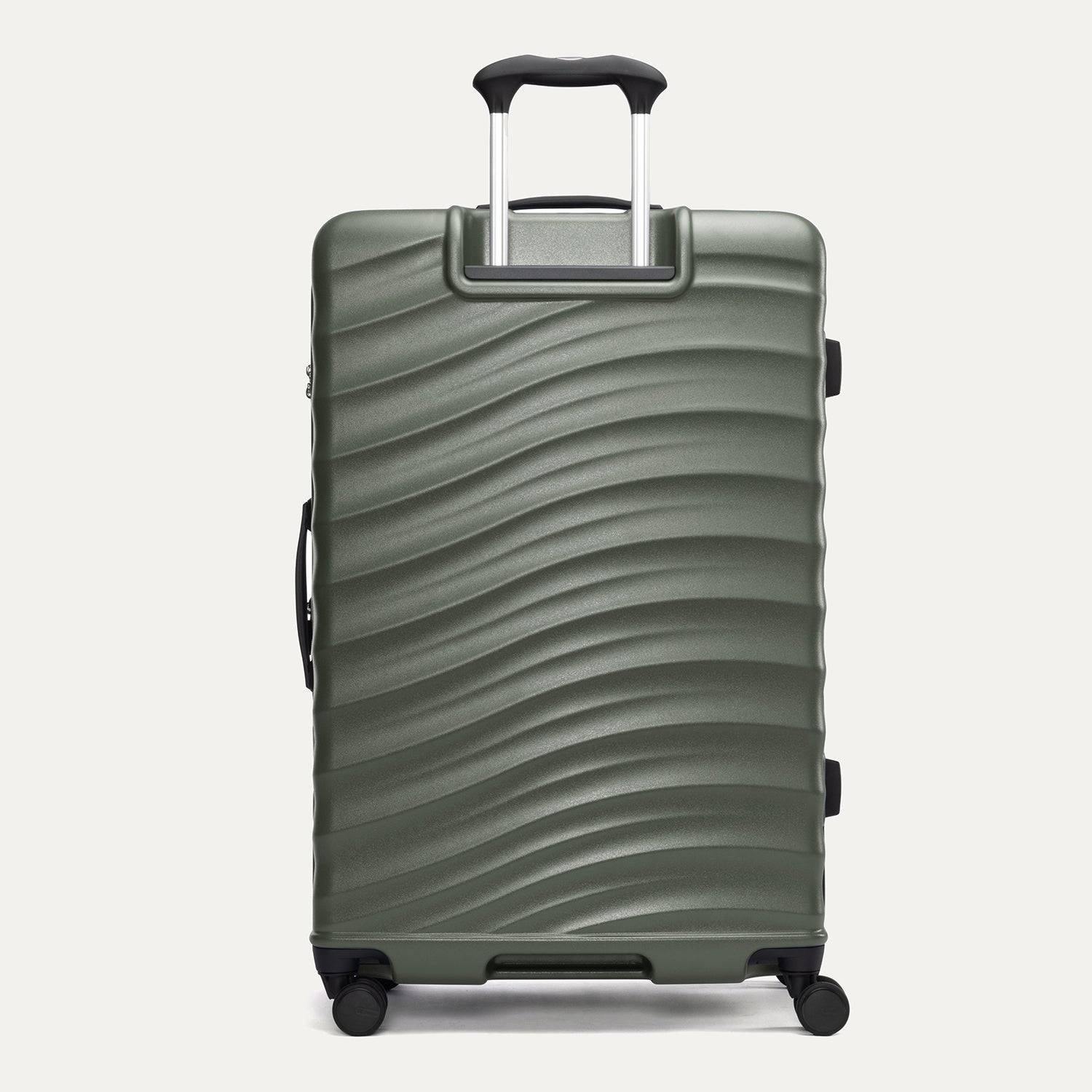 Back view of Travelpro Maxlite Air V2 Hardside Spinner in Slate Green, showcasing textured shell and PowerScope Lite Handle.
