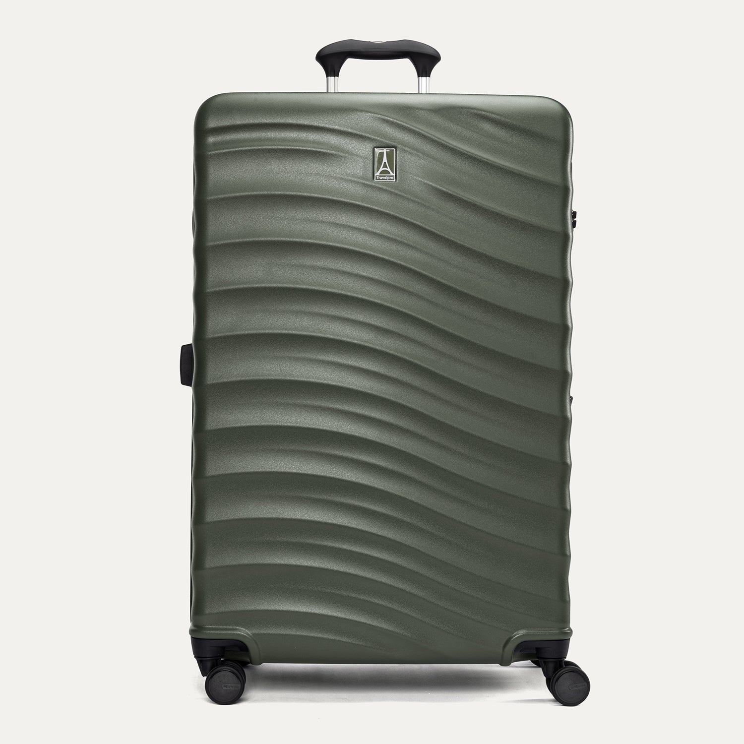 Front view of Travelpro Maxlite Air V2 Expandable Spinner in Slate Green, featuring textured shell and 360° spinner wheels.

