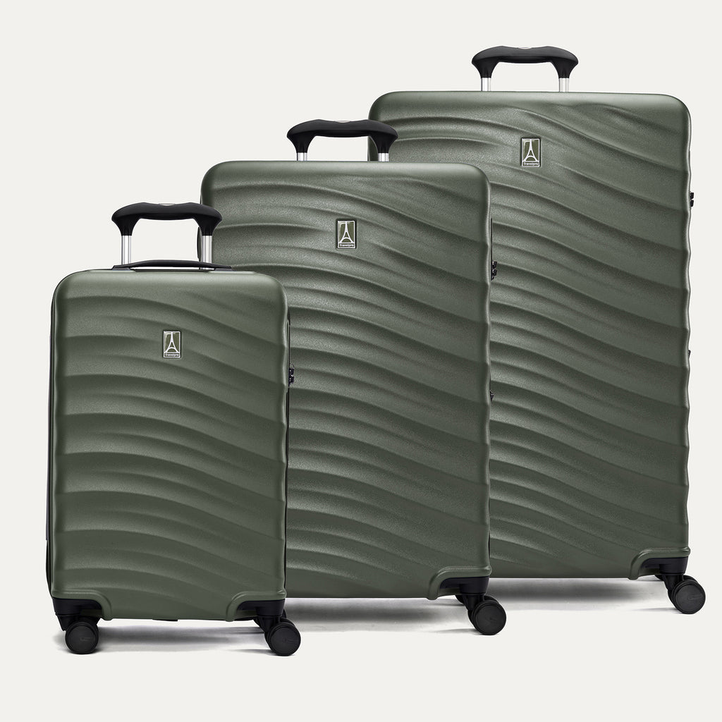 A set of three green Maxlite Air V2 hardside spinner suitcases, including carry-on, medium, and large sizes, with a textured surface and extended handle