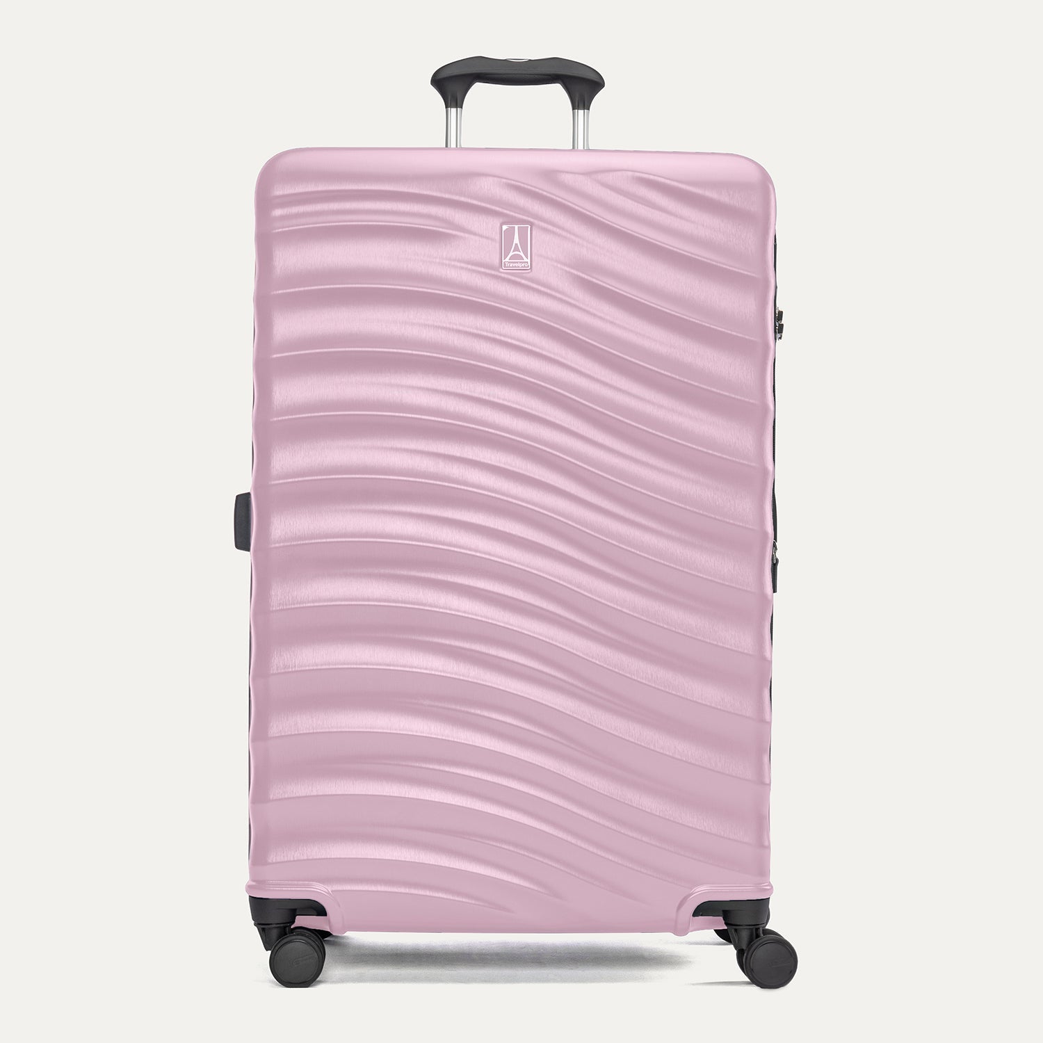 Front view of Travelpro Maxlite Air V2 Expandable Spinner in Forever Pink, featuring textured shell and 360° Spinner Wheels.
