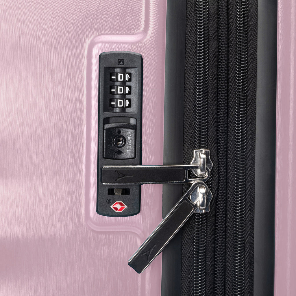 Close-up of Travelpro Maxlite Air V2 in Forever Pink, showing built-in TSA Approved Lock with double zipper security.

