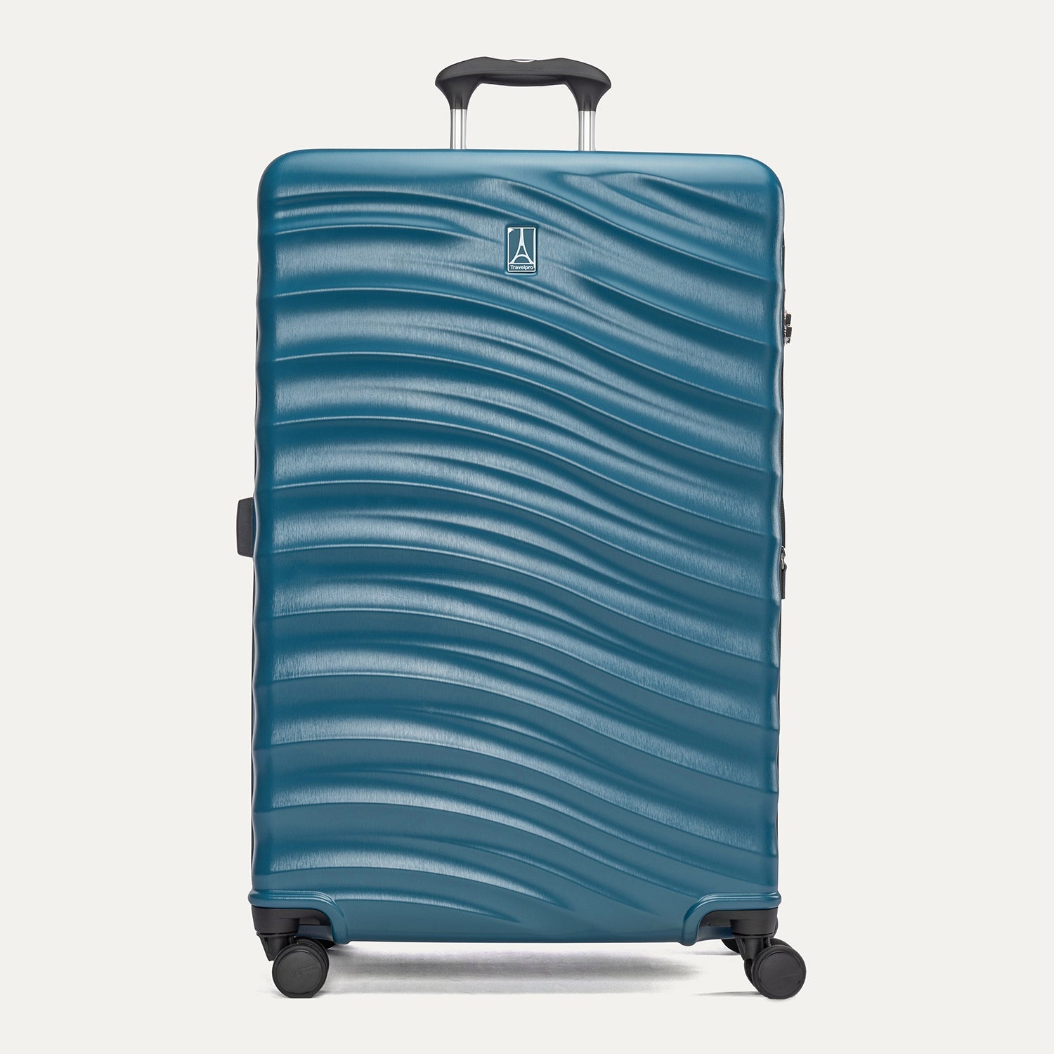 Front view of Travelpro Maxlite Air V2 Spinner in Teal, featuring textured shell and 360° Spinner Wheels.
