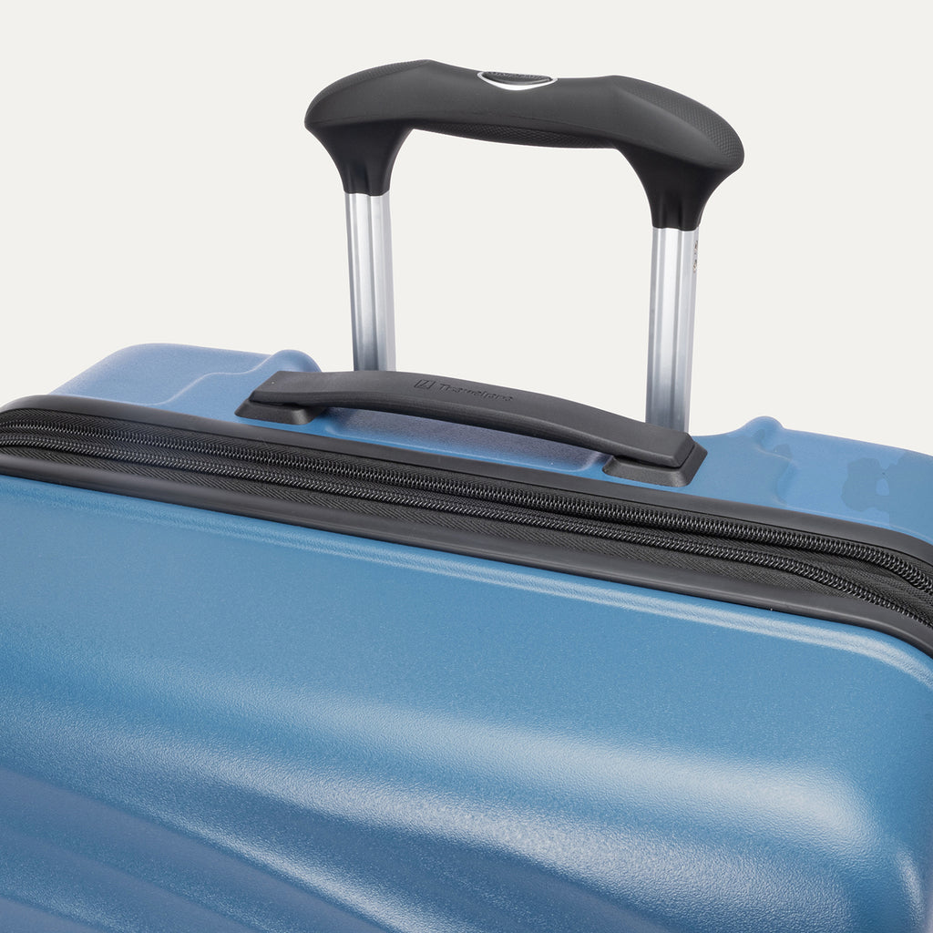 Close-up of Travelpro Maxlite Air V2 in Teal, showing PowerScope Lite Handle and low-profile top carry handle.
