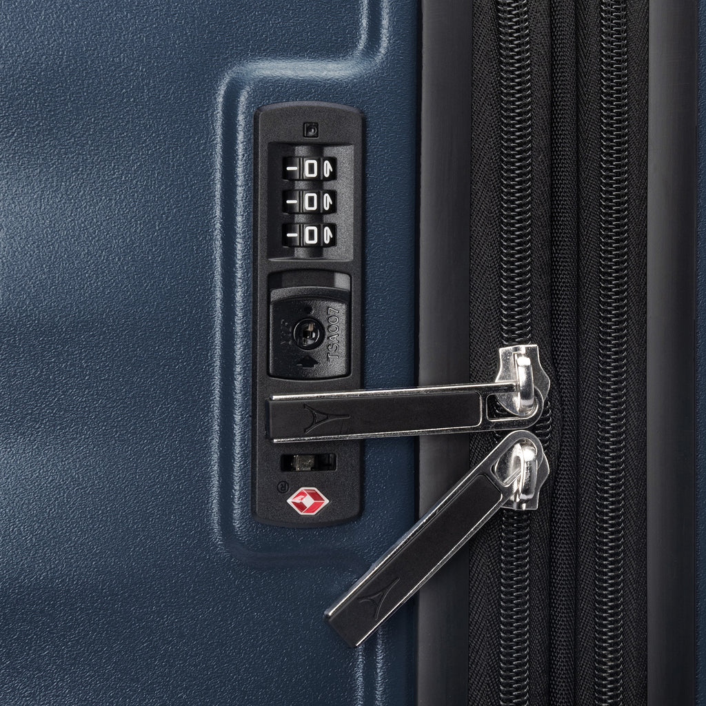 Close-up of Travelpro Maxlite Air V2 in Midnight Blue, showing built-in TSA Approved Lock with double zipper security.
