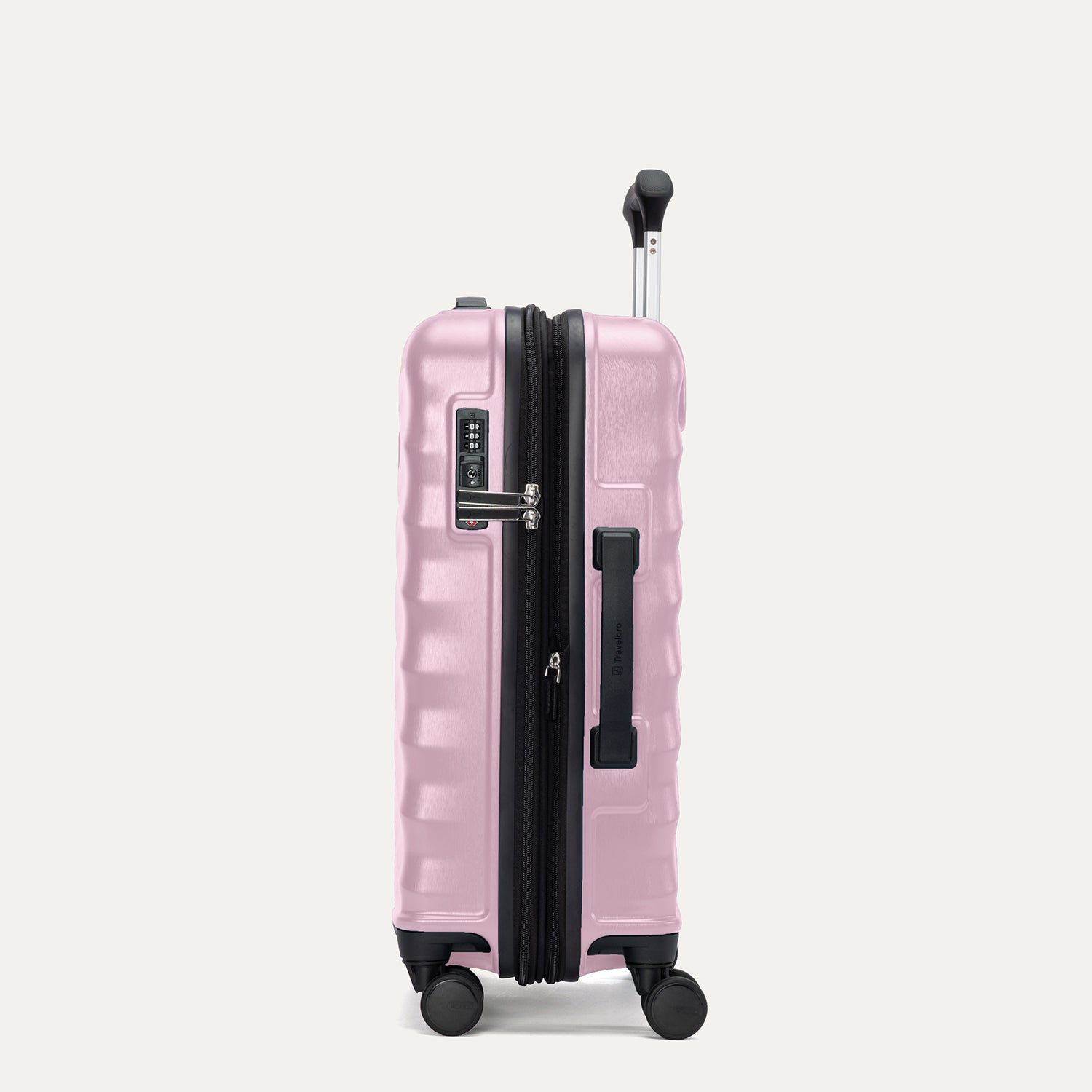 Side view of Travelpro Maxlite Air V2 Spinner in Forever Pink, showing TSA Approved Locks and low-profile side carry handle.
