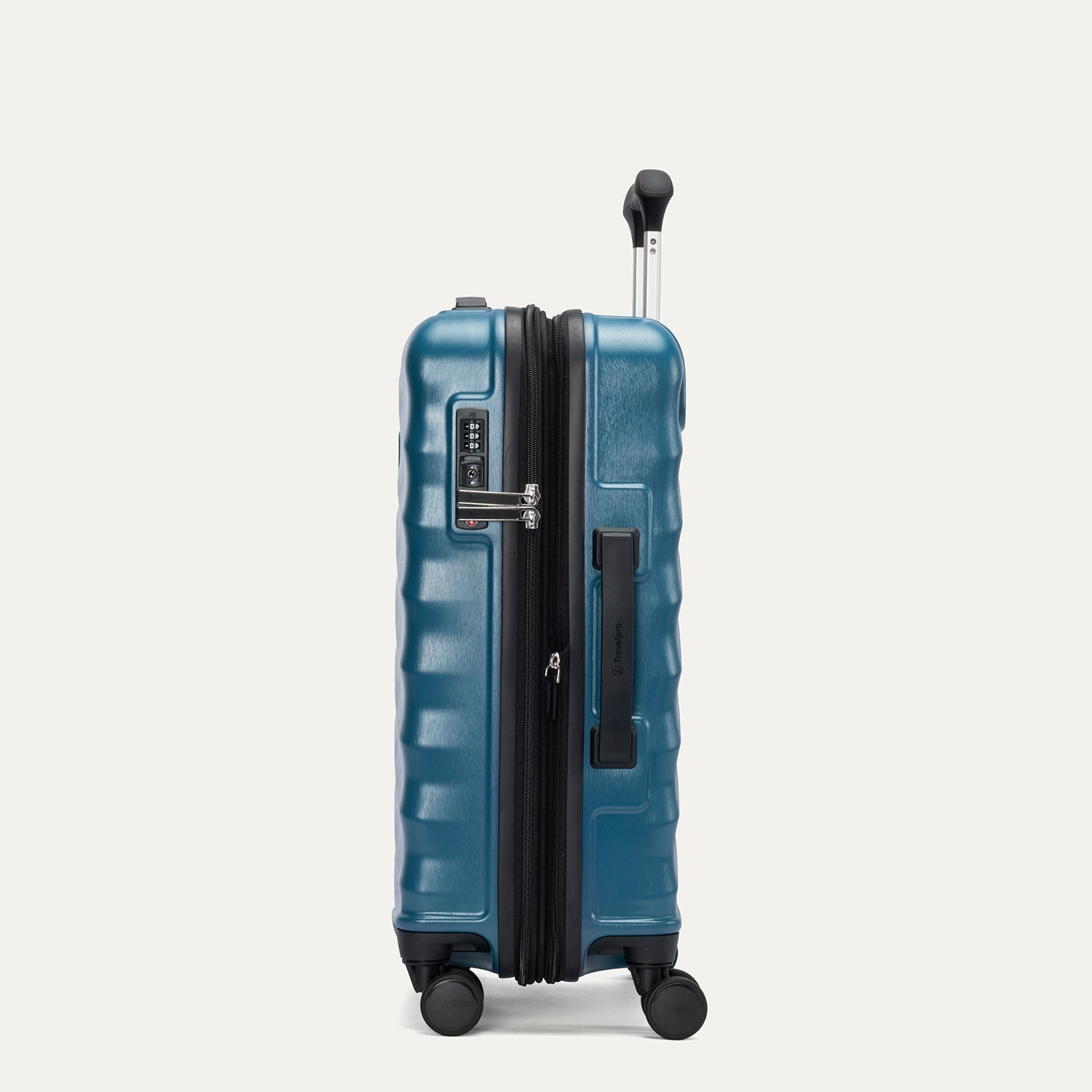 Side view of Travelpro Maxlite Air V2 Hardside Spinner in Teal, featuring a TSA Approved Lock and low-profile carry handles.
