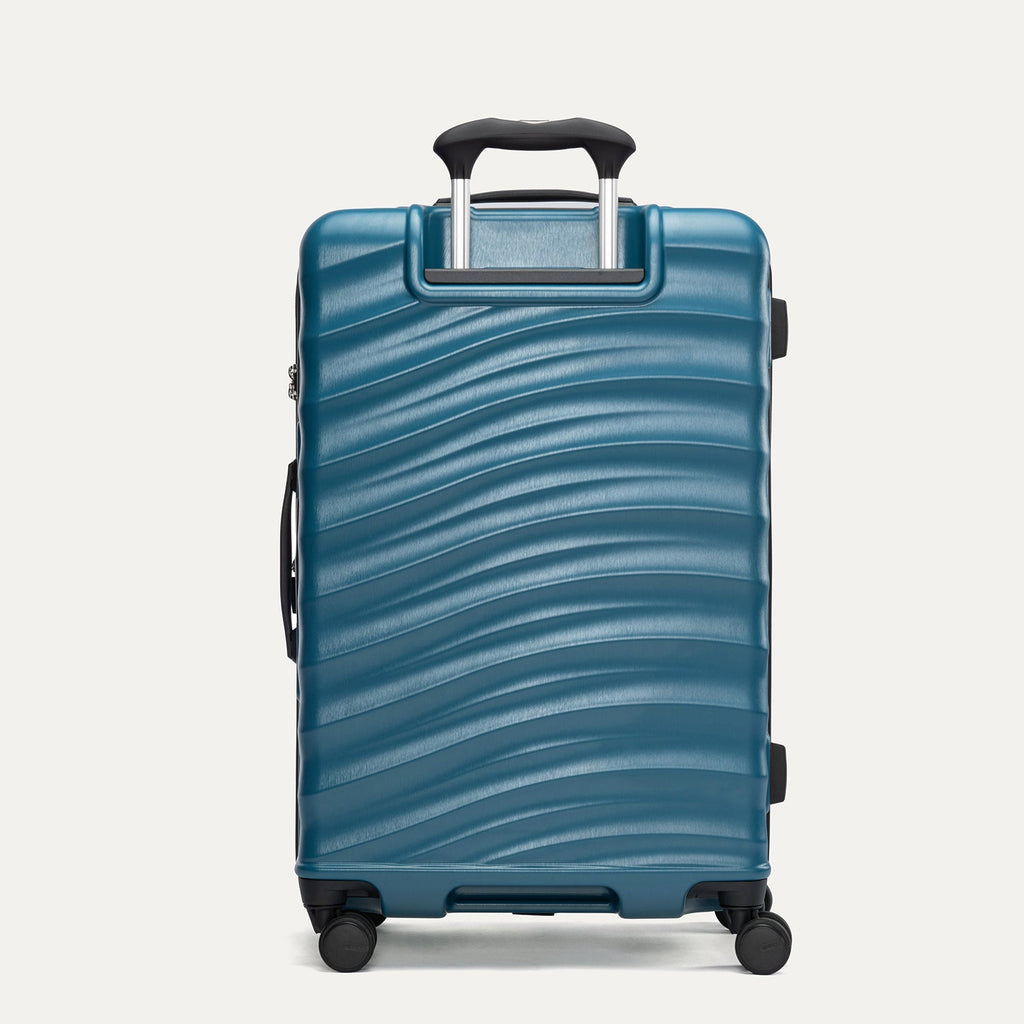 Rear view of Travelpro Maxlite Air V2 Spinner in Teal, showing textured shell and extended PowerScope Lite Handle.
