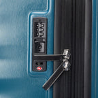 Close-up of Travelpro Maxlite Air V2 in Teal, showing built-in TSA Approved Lock with double zipper security.
