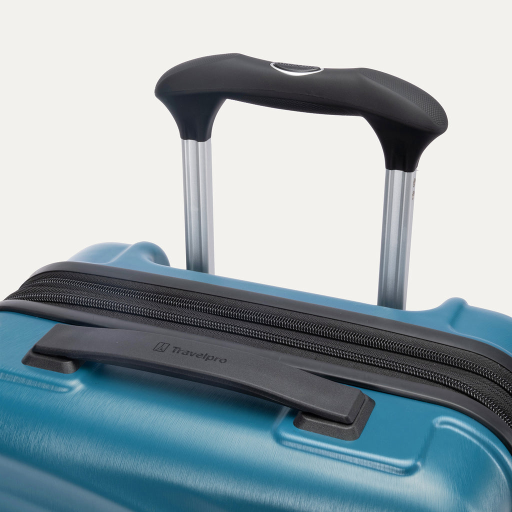 Close-up of Travelpro Maxlite Air V2 in Teal, showing PowerScope Lite Handle and low-profile top carry handle.