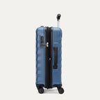 Side view of Travelpro Maxlite Air V2 Spinner in Ensign Blue, showing TSA Approved Locks and low-profile side carry handle.
