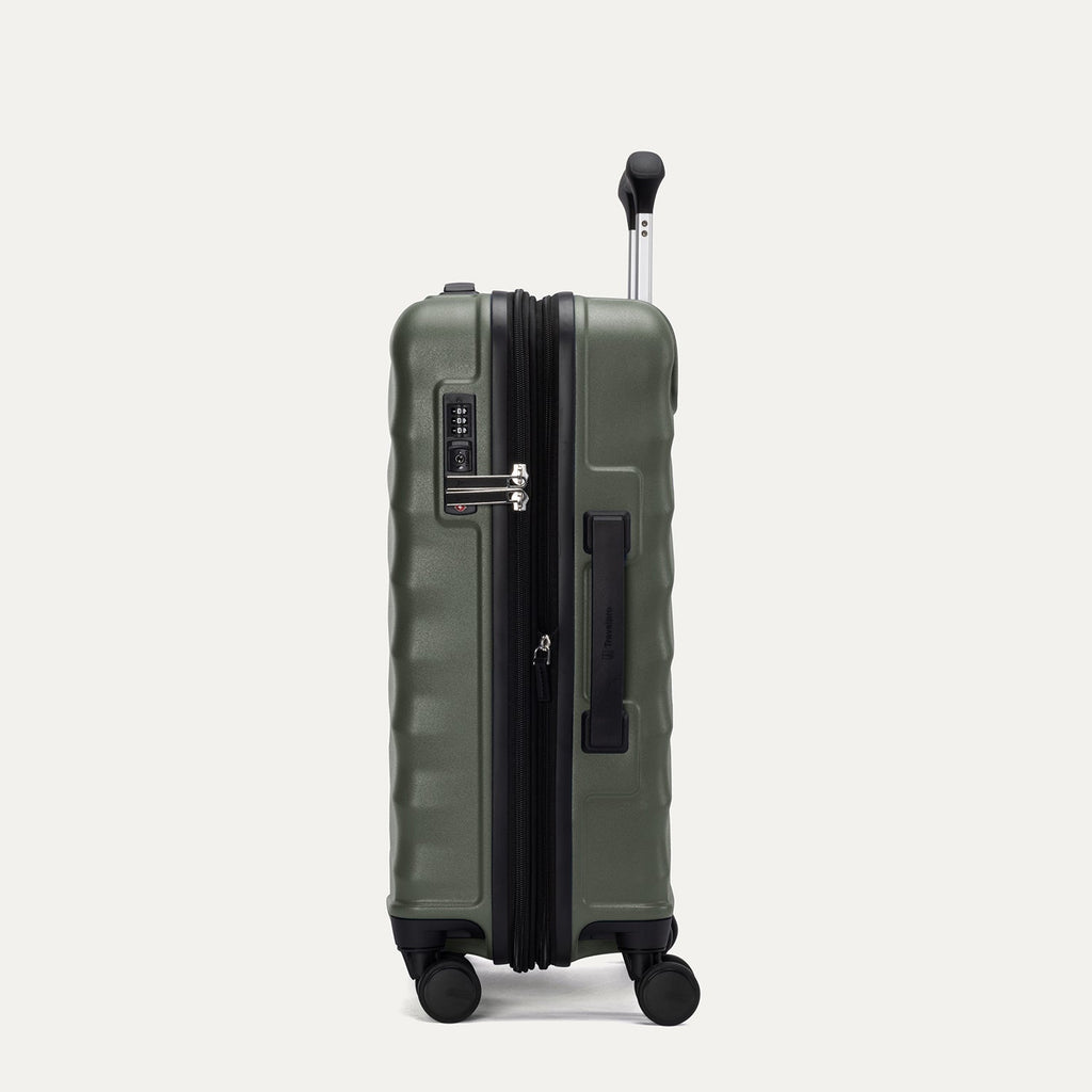 Side view of Travelpro Maxlite Air V2 Carry-On Hardside Spinner in Slate Green, featuring TSA Approved Locks and Low-Profile Side Carry Handles.
