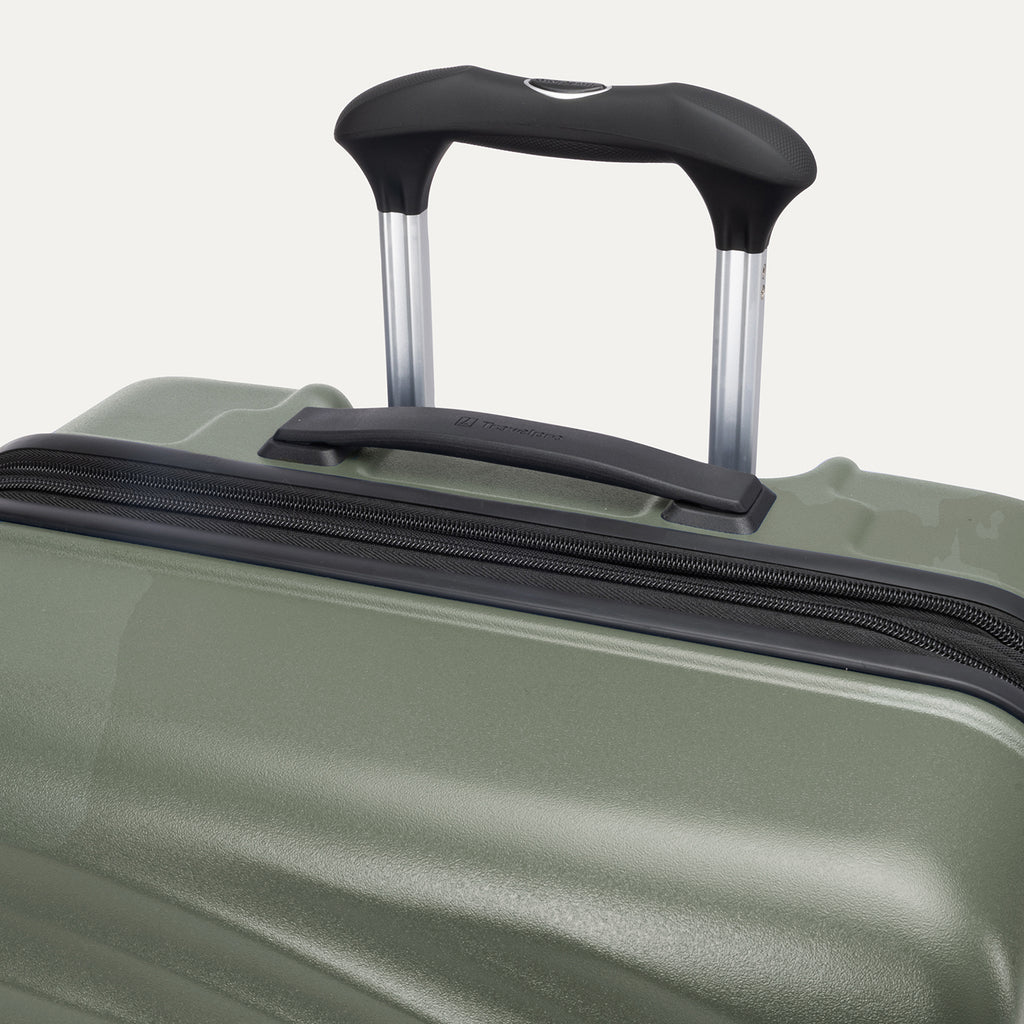 Close-up of Travelpro Maxlite Air V2 in Slate Green, showing PowerScope Lite Handle and low-profile top carry handle.
