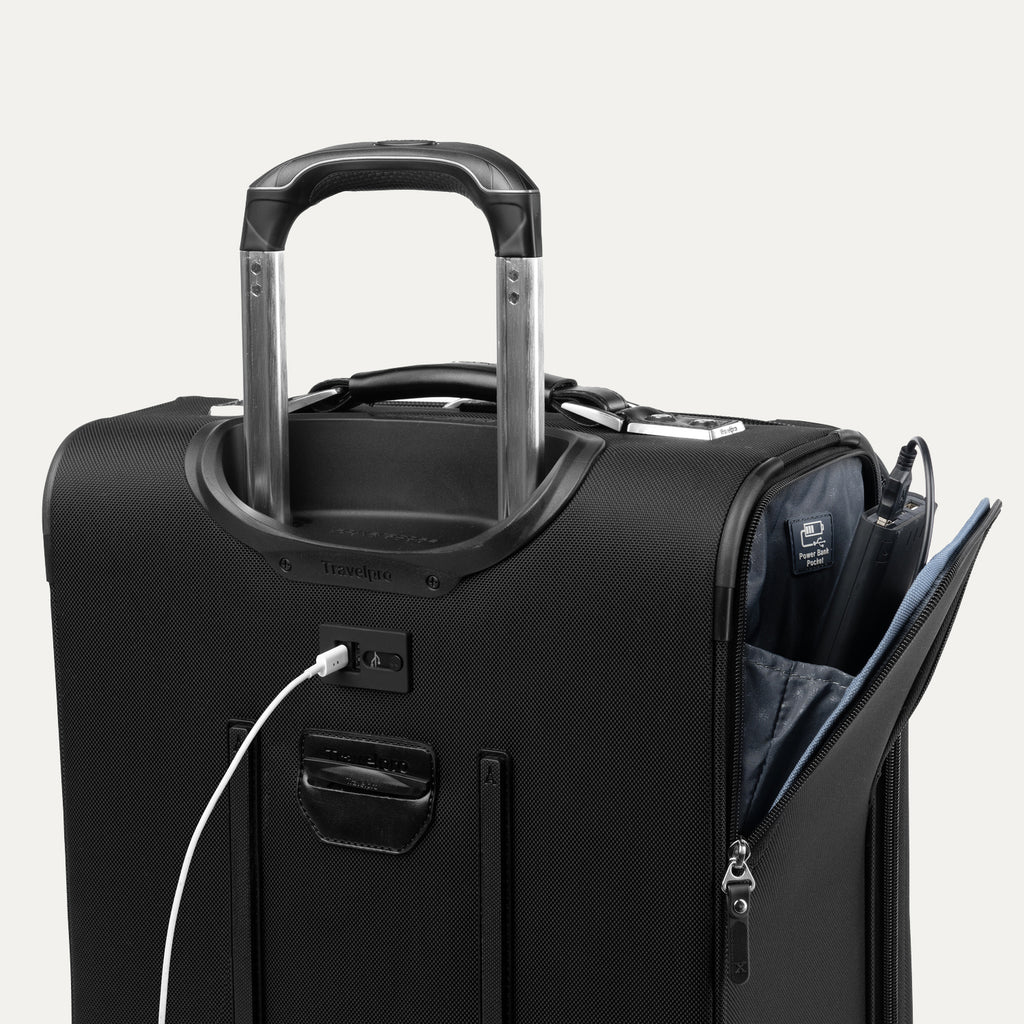 Back of Black suitcase showing USB port 