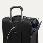 Back of Black suitcase showing USB port 