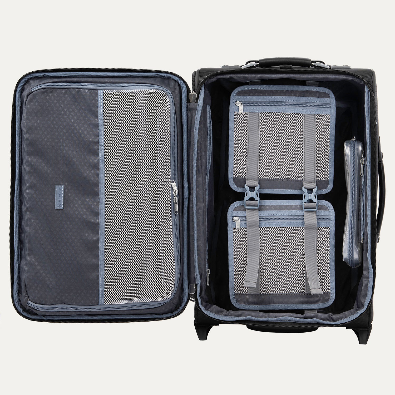 Open suitcase with interior compartments on a white background