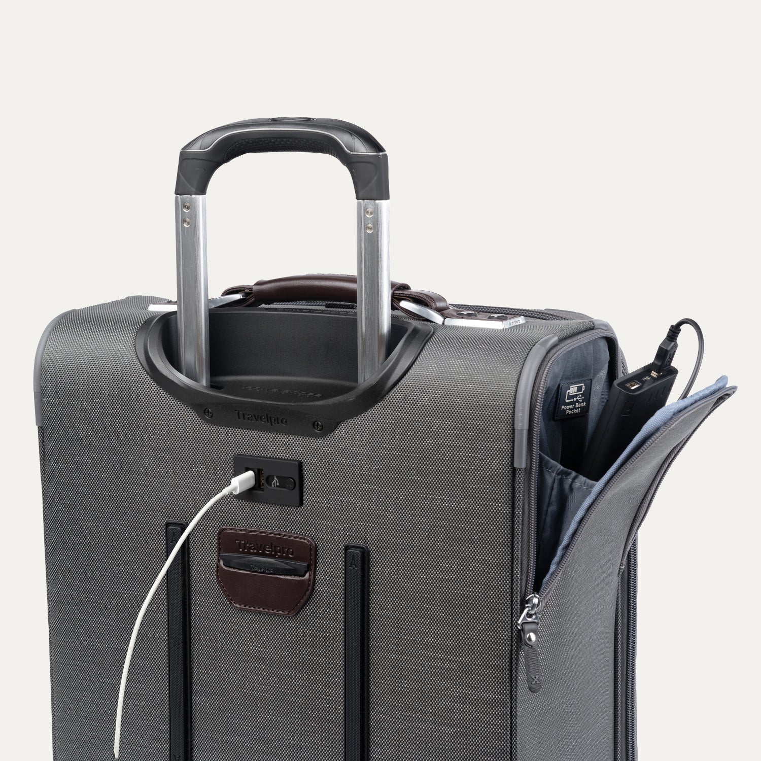 Back view of Gray suitcase showing the USB port