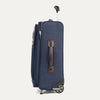 Side view Blue 2 wheel suitcase with a brown handle on a white background