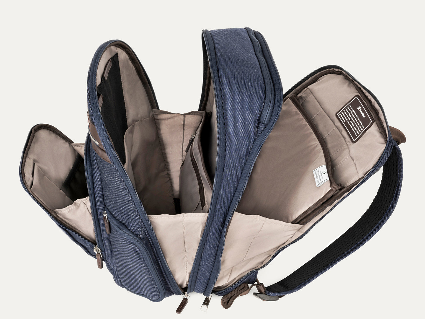 Open blue backpack showing interior pockets with beige interior on a white background