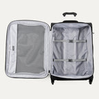 Open black suitcase with interior compartments on a light gray background