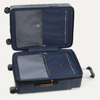 Open navy blue suitcase on a white background