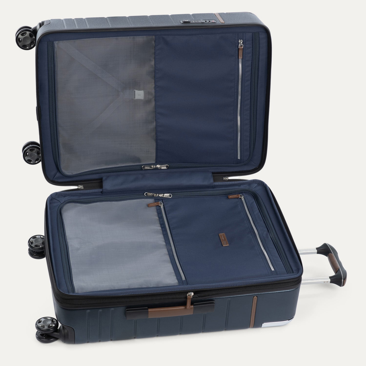Open navy blue suitcase on a white background