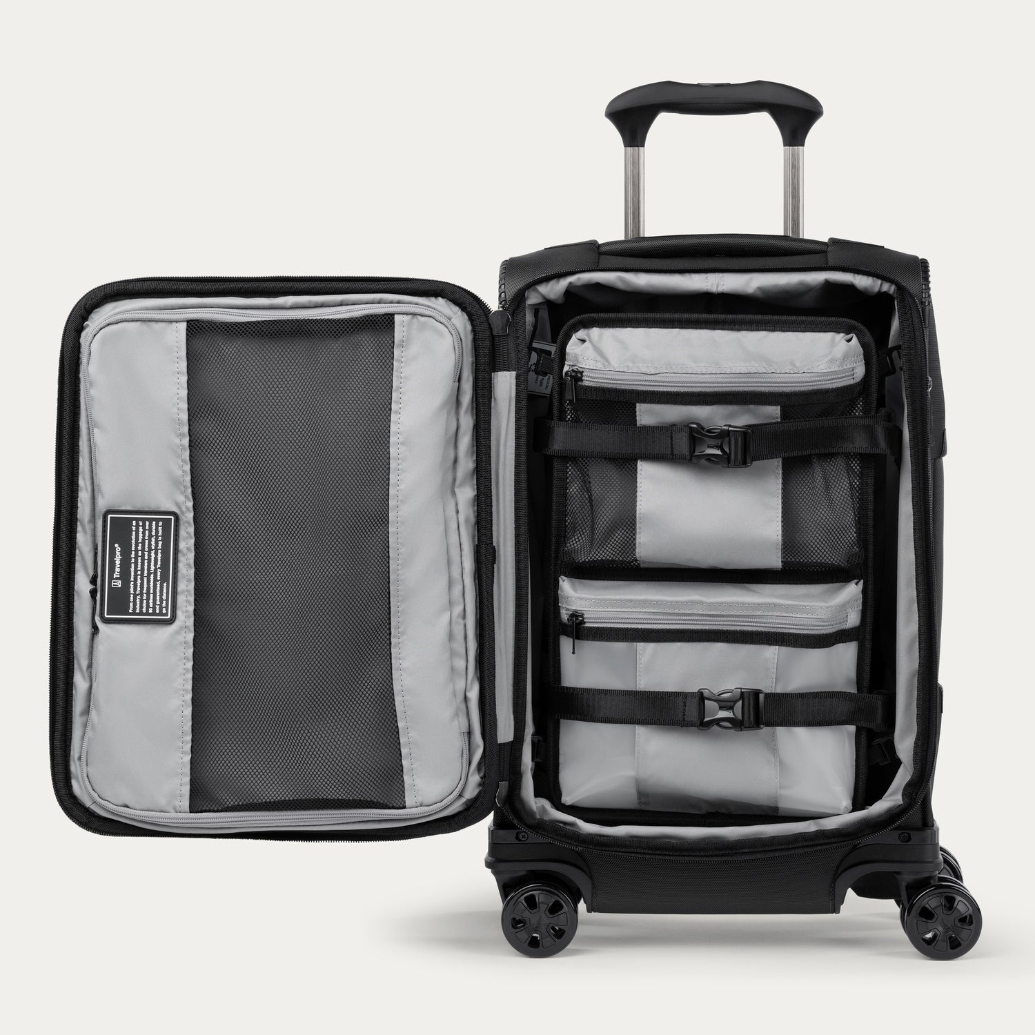 Black suitcase with open lid showing organized interior on a white background