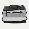 Black tote bag with interior compartments showing a phone and notepad on a white background