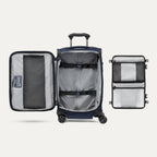 Open suitcase with interior view on a light gray background