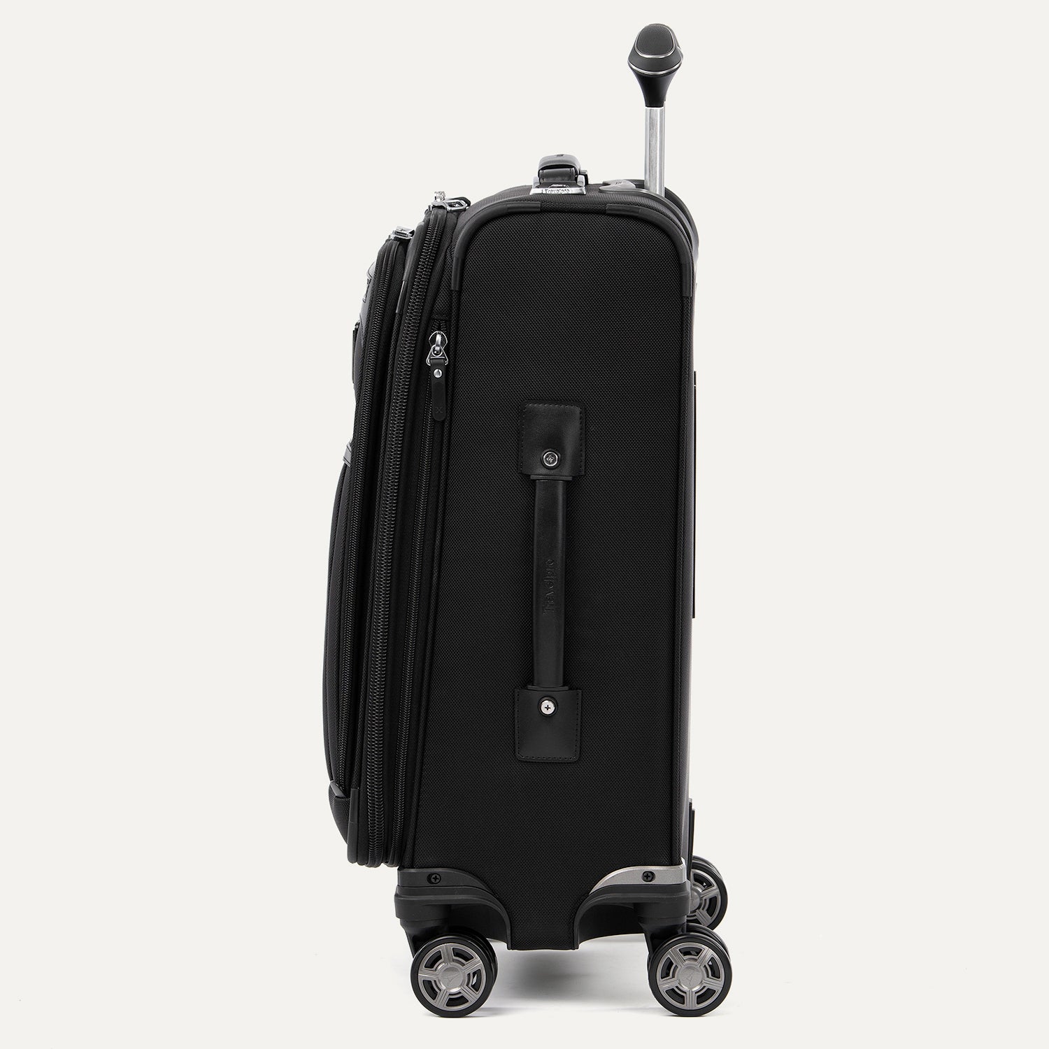 side view of black suitcase with wheels and handle on a white background