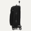 side view of black suitcase with wheels and handle on a white background