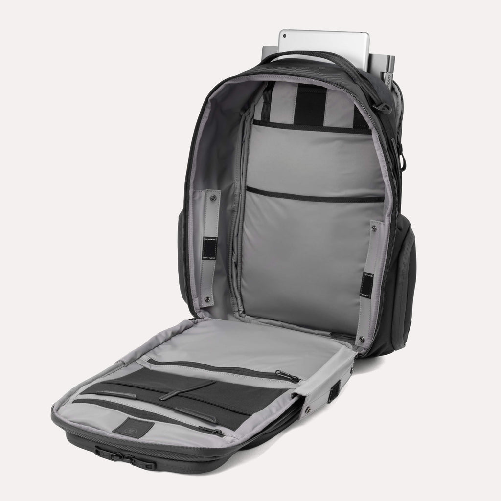 Gray backpack with open compartments on a white background