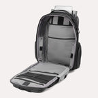Gray backpack with open compartments on a white background
