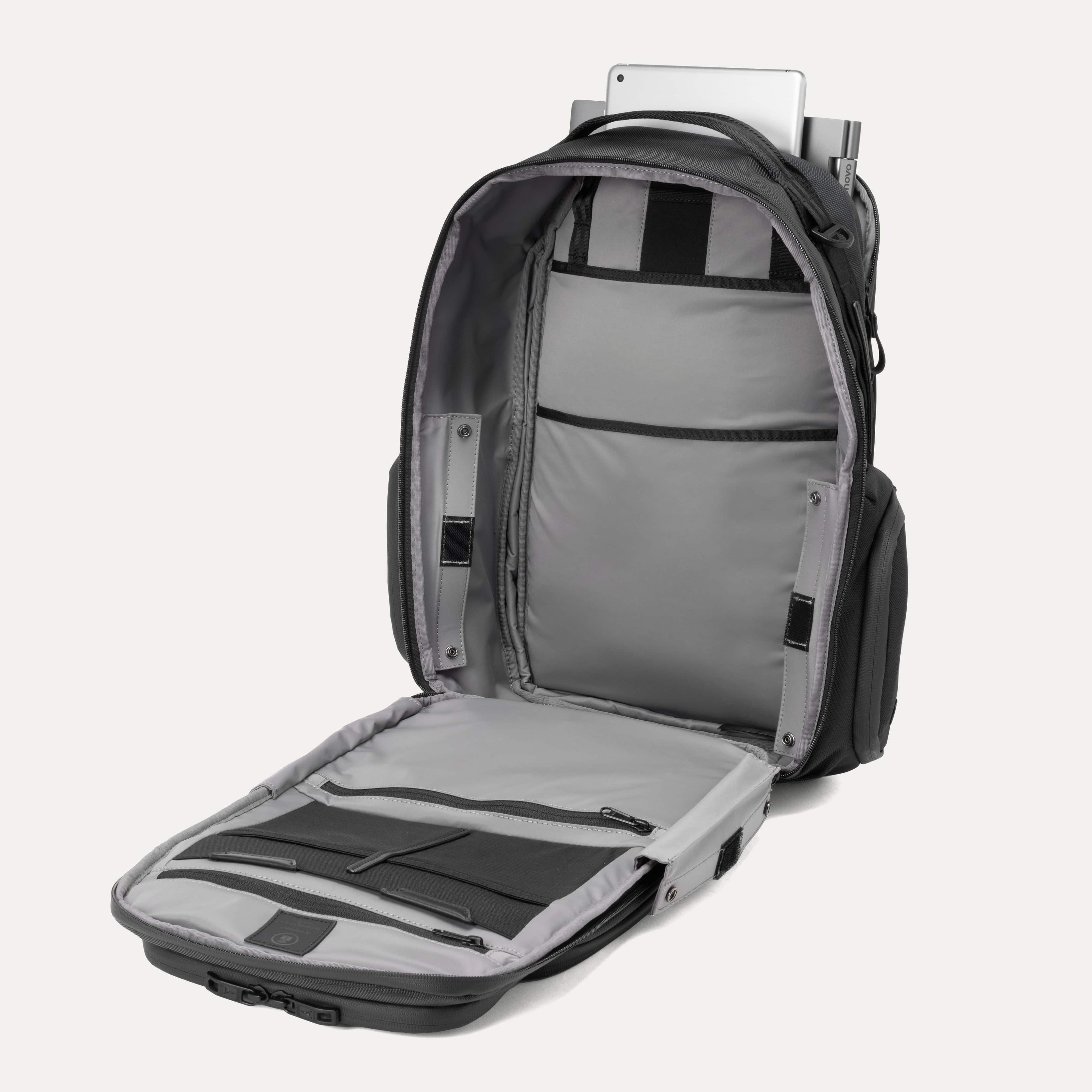 Gray backpack with open compartments on a white background